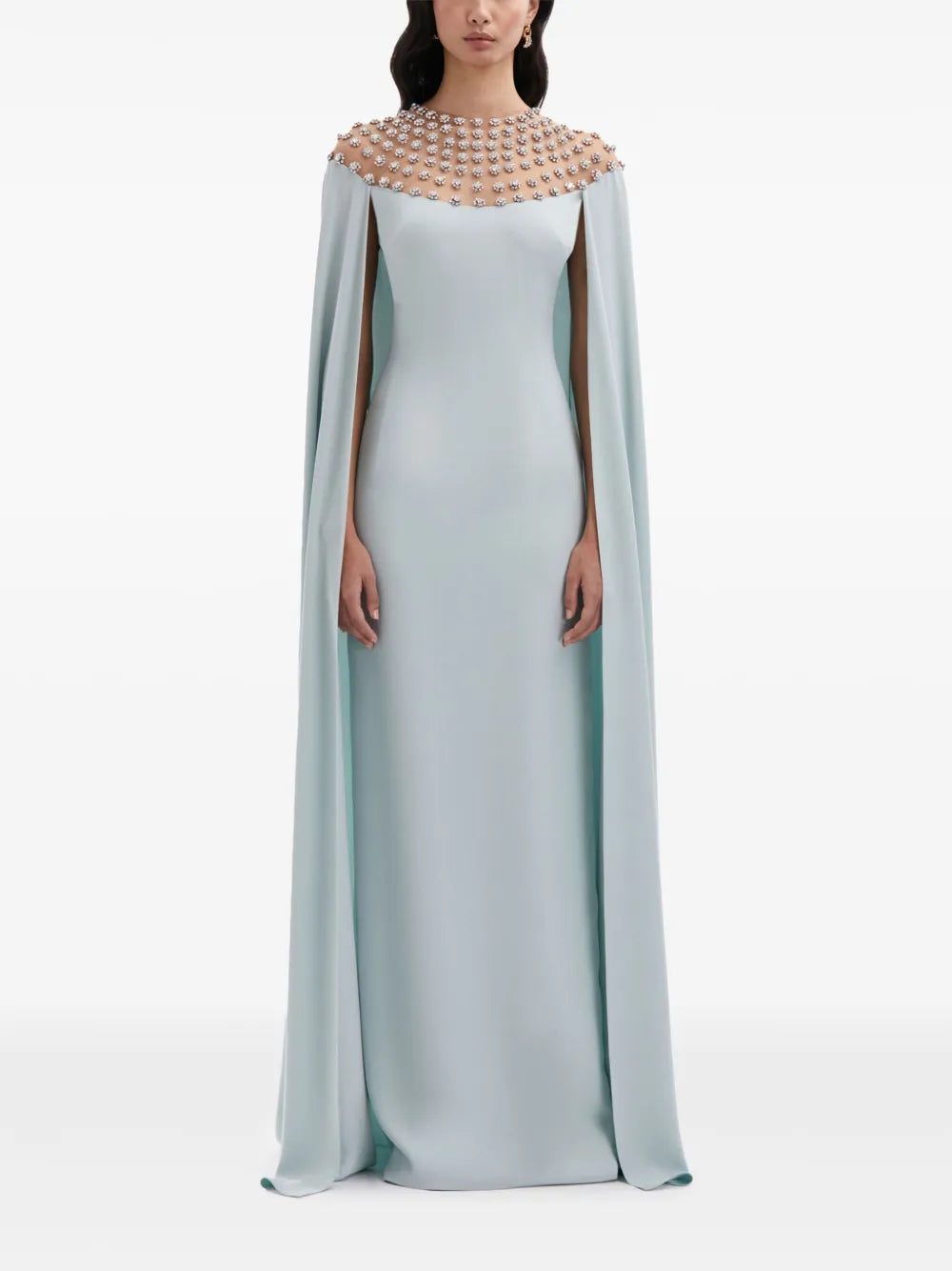 Crystal-Embellished Cape Gown