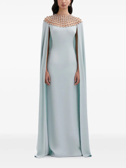 Crystal-Embellished Cape Gown