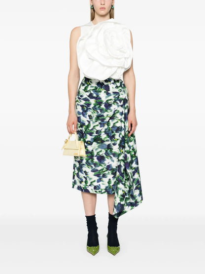 Floral-Print Draped Midi Skirt