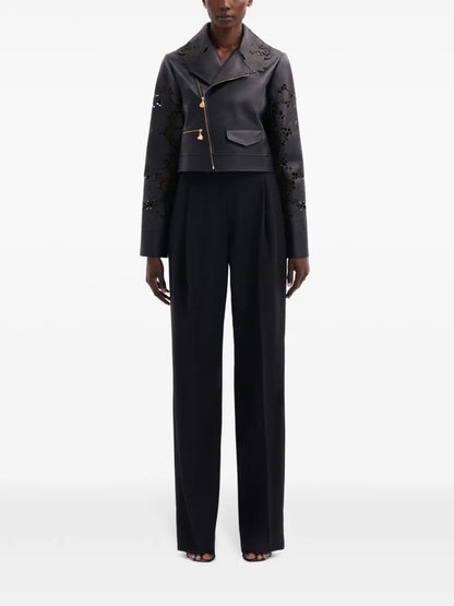 Laser-Cut Floral Leather Jacket
