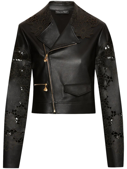 Laser-Cut Floral Leather Jacket