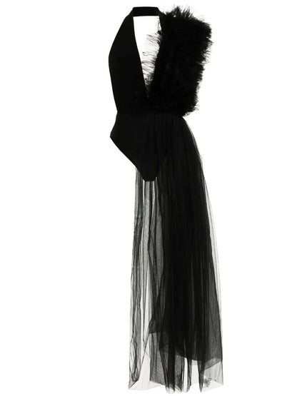 Asymmetric Tulle Ruffle Bodysuit