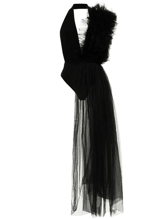 Asymmetric Tulle Ruffle Bodysuit