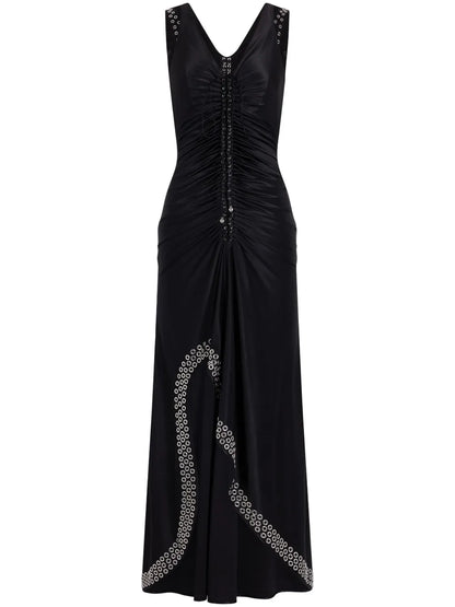 Eyelet-Detail Ruched Maxi Dress