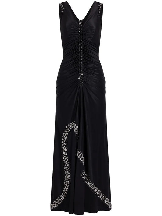 Eyelet-Detail Ruched Maxi Dress
