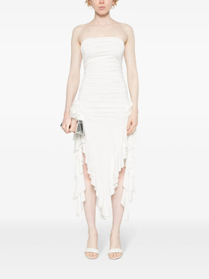 Strapless Floral-Appliqué Midi Dress