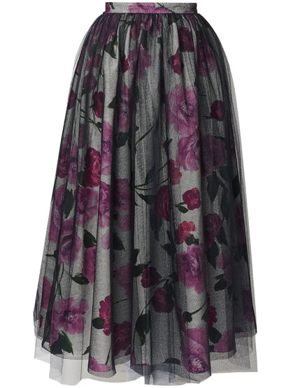 Tulle-Overlay Floral-Print Midi Skirt