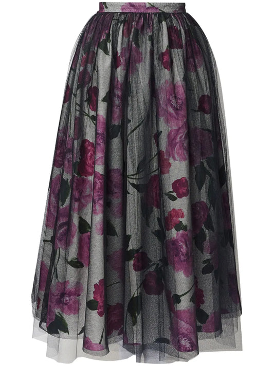 Tulle-Overlay Floral-Print Midi Skirt