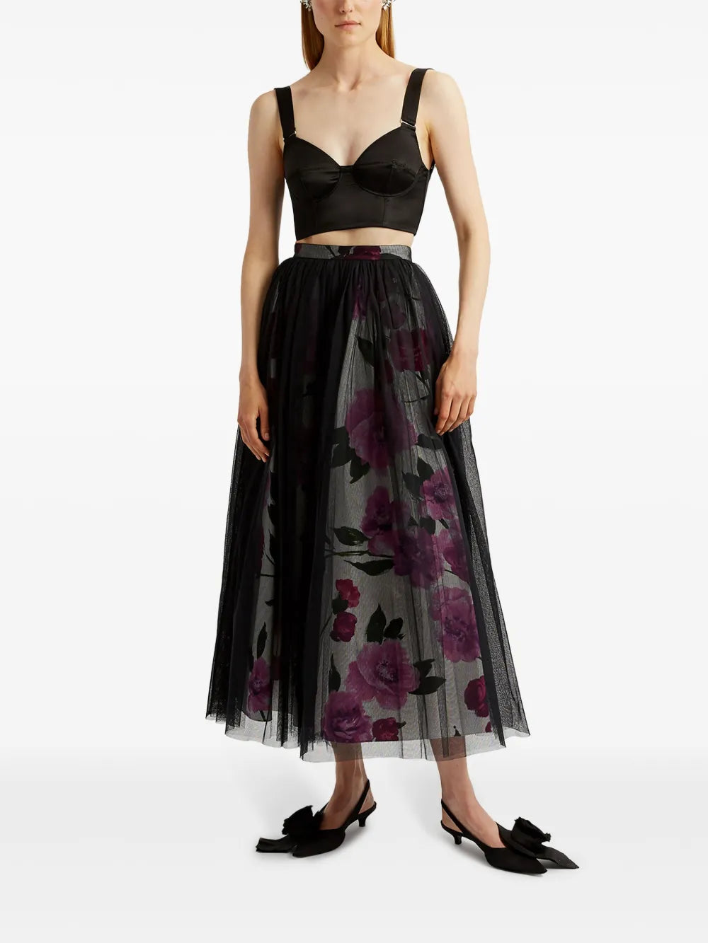 Tulle-Overlay Floral-Print Midi Skirt
