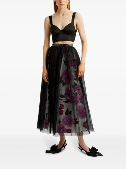 Tulle-Overlay Floral-Print Midi Skirt