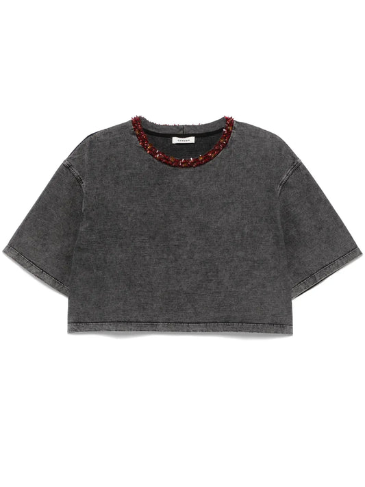 Bead-Embellished Cropped T-Shirt