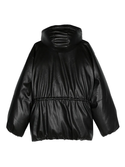 Faux-Leather Hooded Puffer Coat