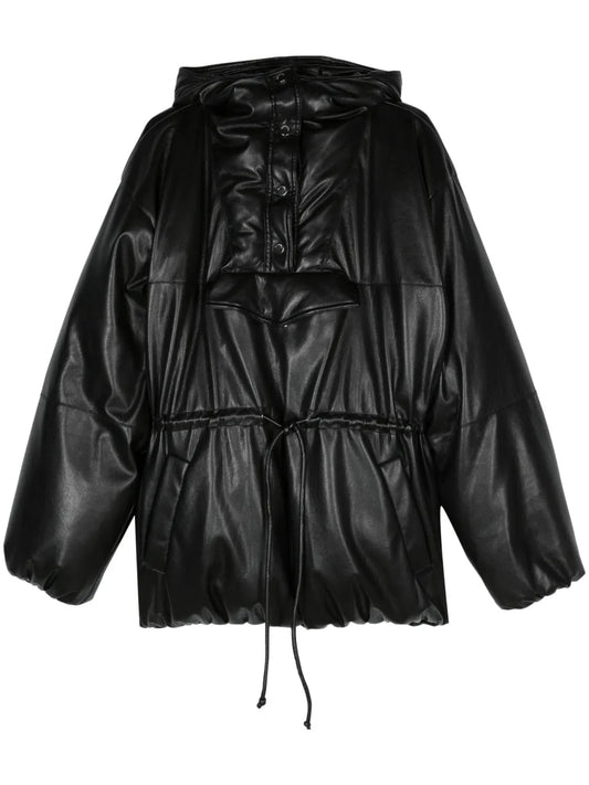 Faux-Leather Hooded Puffer Coat