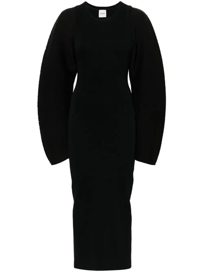 Layered Sculpted-Sleeves Midi Dress