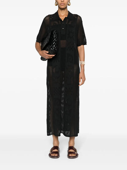 Polo-Collar Open-Knit Midi Dress