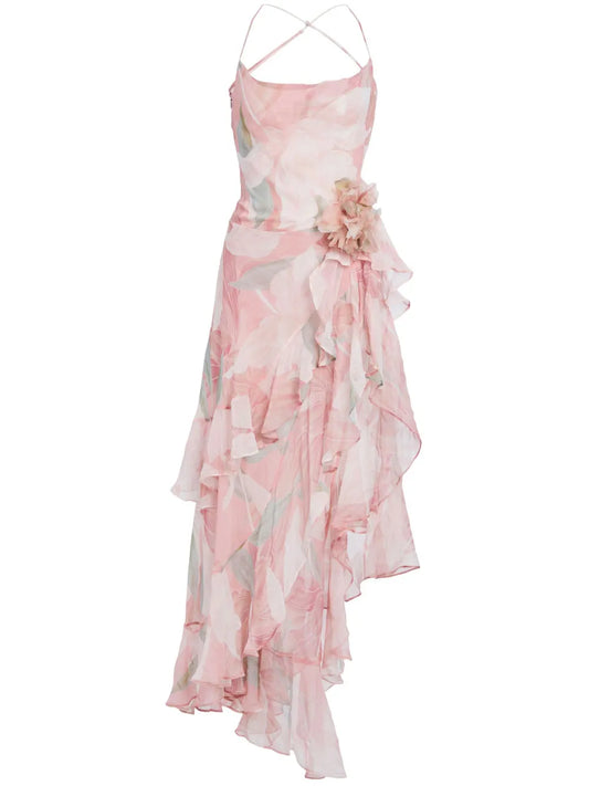 Samara Floral-Print Ruffled Silk Dress