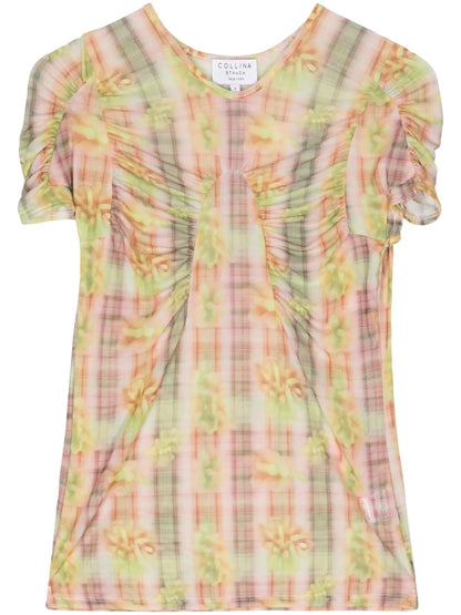 Ruched Checked Mesh Top