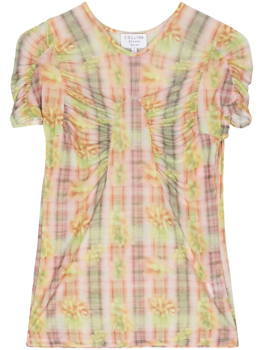 Ruched Checked Mesh Top