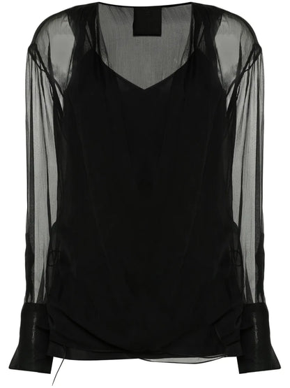 Long-Sleeve Silk Wrap Blouse