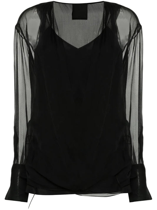 Long-Sleeve Silk Wrap Blouse