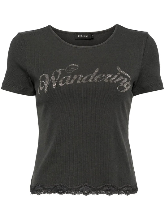 Rhinestone-Embellished Ribbed T-Shirt