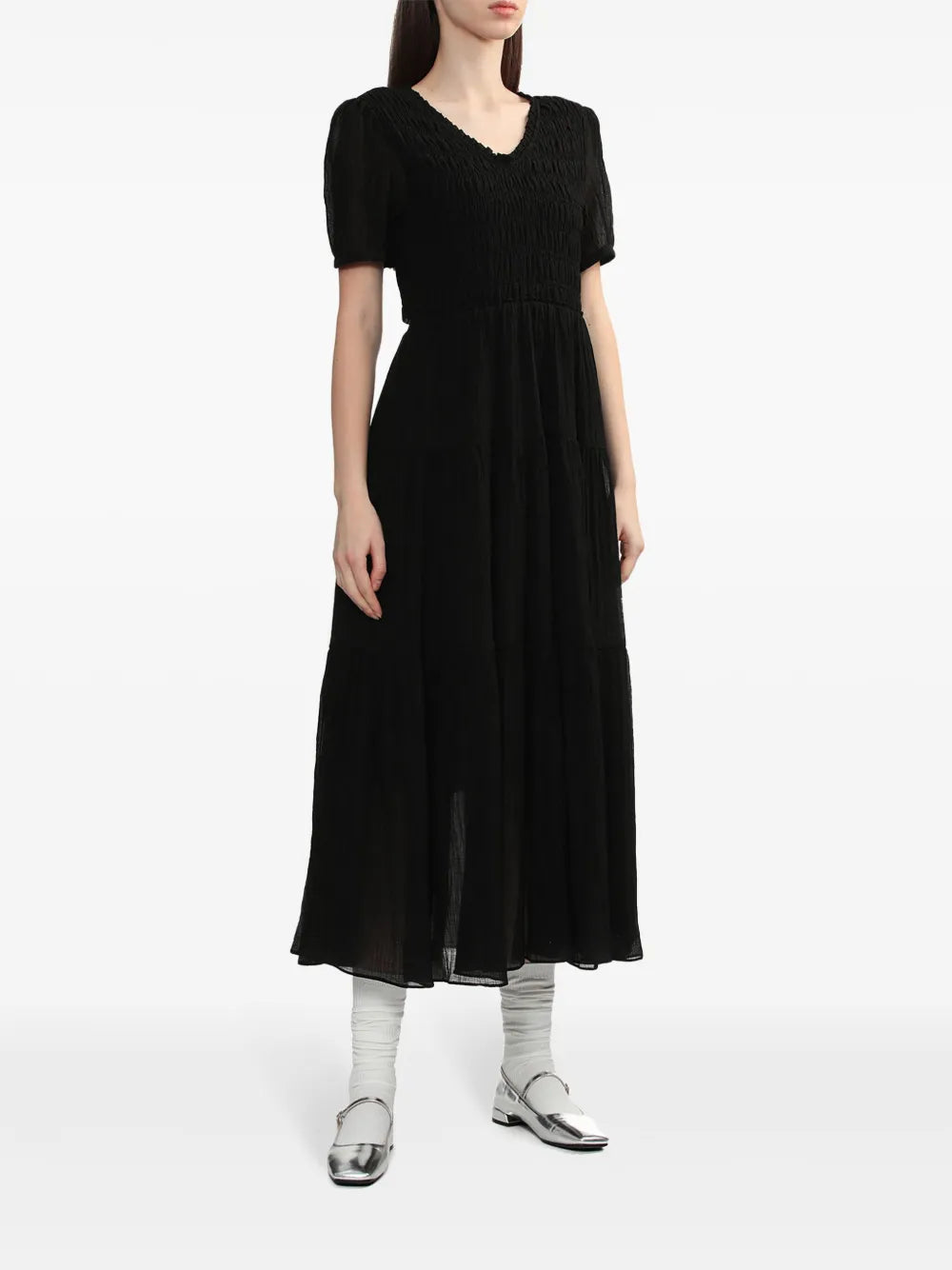 Puff-Sleeves Smocked Midi Dress
