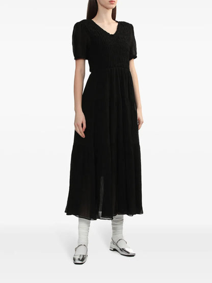 Puff-Sleeves Smocked Midi Dress