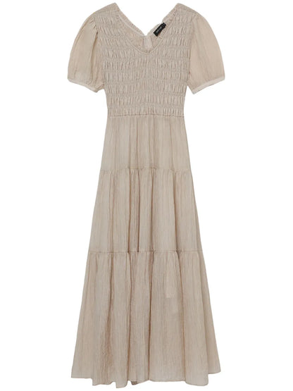 Puff-Sleeves Smocked Midi Dress
