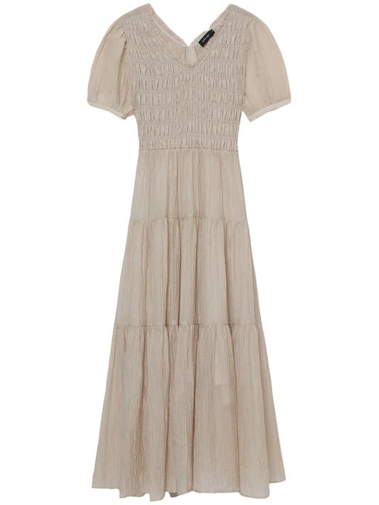 Puff-Sleeves Smocked Midi Dress