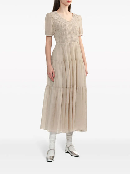 Puff-Sleeves Smocked Midi Dress