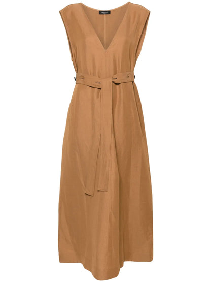 Belted V-Neck Midi Dress