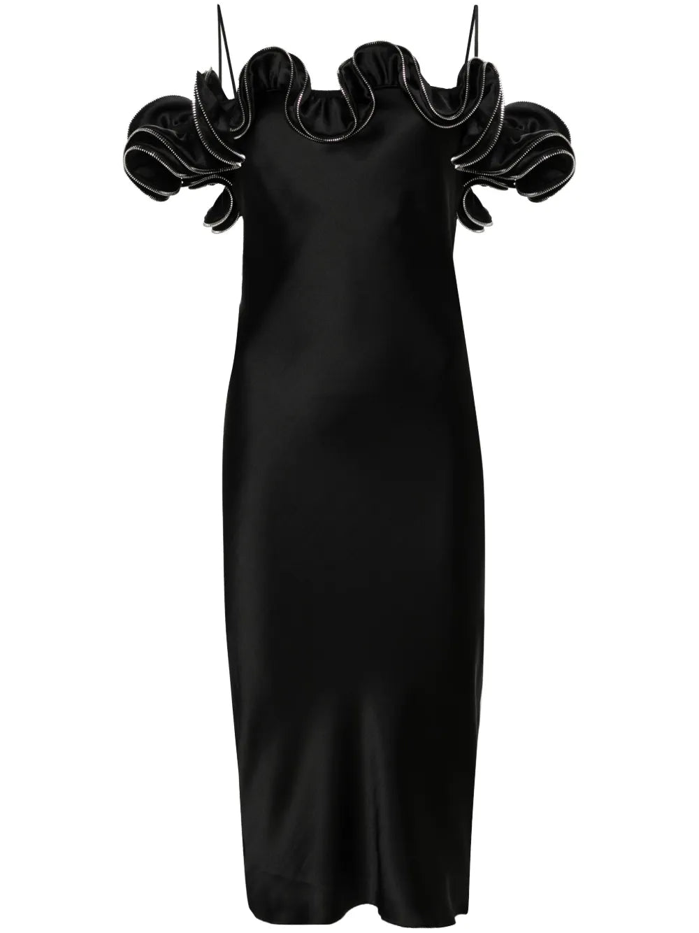 Zipped-Ruffles Satin Dress