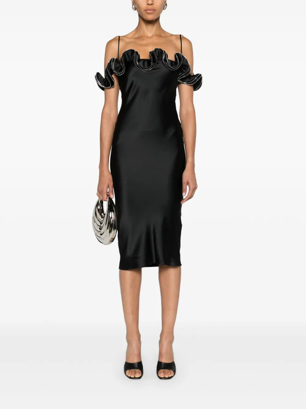 Zipped-Ruffles Satin Dress