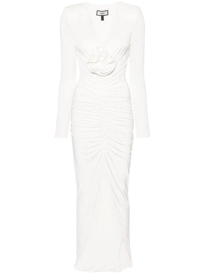 Rose-Appliqué Ruched Maxi Dress