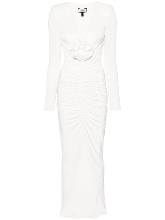 Rose-Appliqué Ruched Maxi Dress