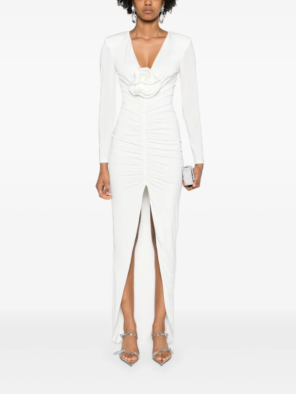 Rose-Appliqué Ruched Maxi Dress