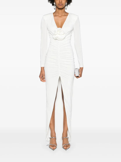 Rose-Appliqué Ruched Maxi Dress