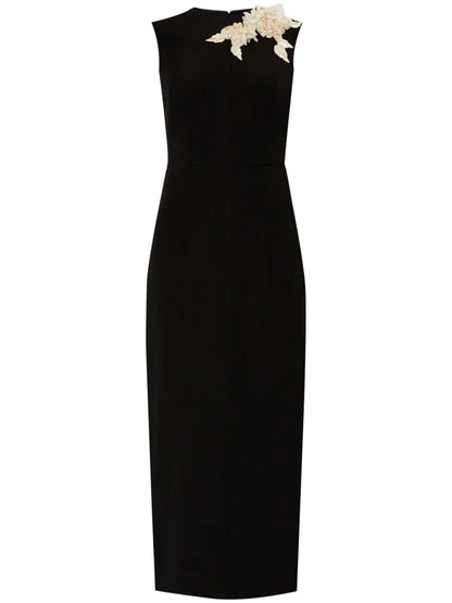 Floral-Appliqué Midi Dress