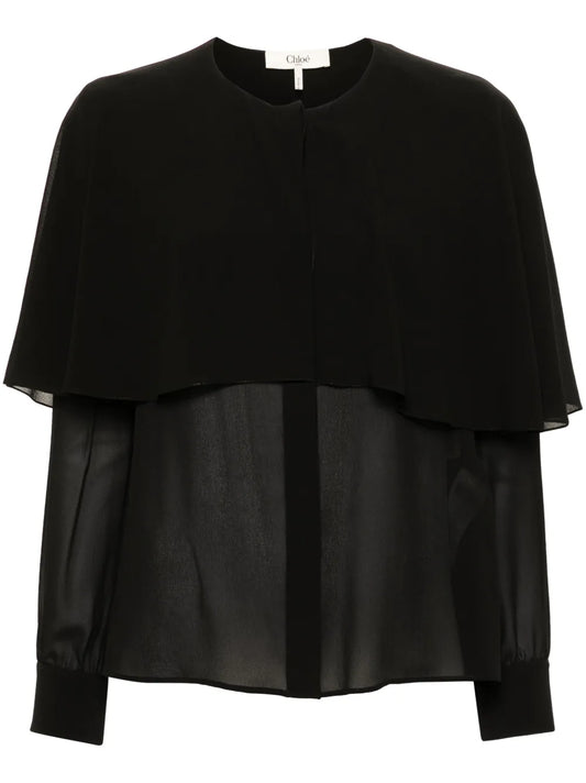 Cape-Attachment Silk Shirt