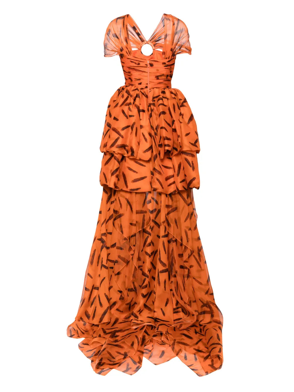 Feather-Print Draped Silk Gown
