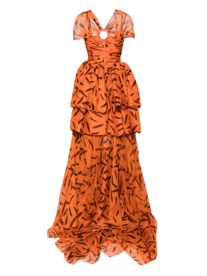 Feather-Print Draped Silk Gown