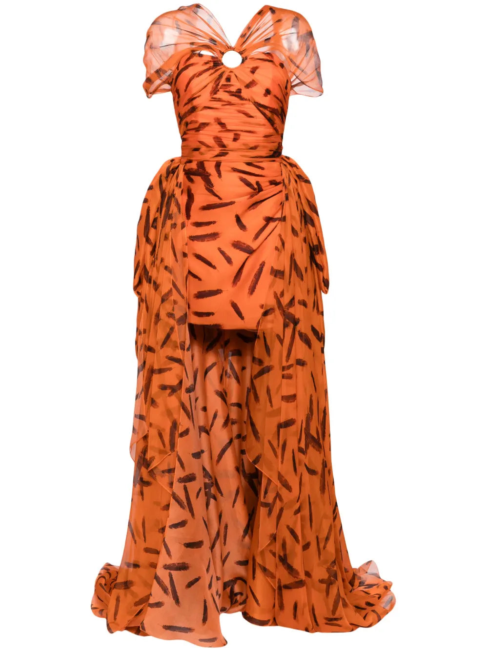 Feather-Print Draped Silk Gown