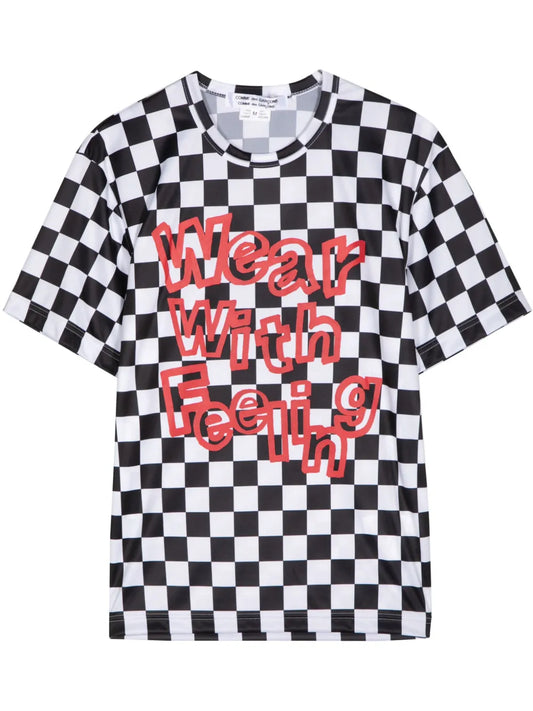 Slogan-Print Checkerboard T-Shirt