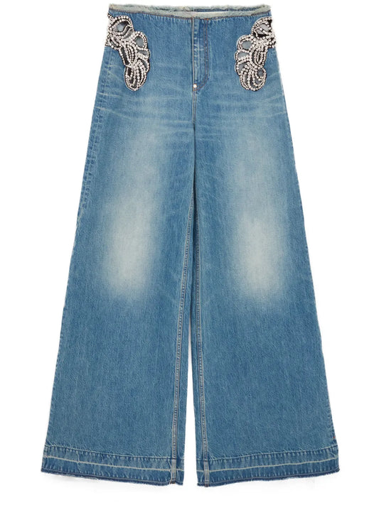 Crystal-Embellished Wide-Leg Jeans