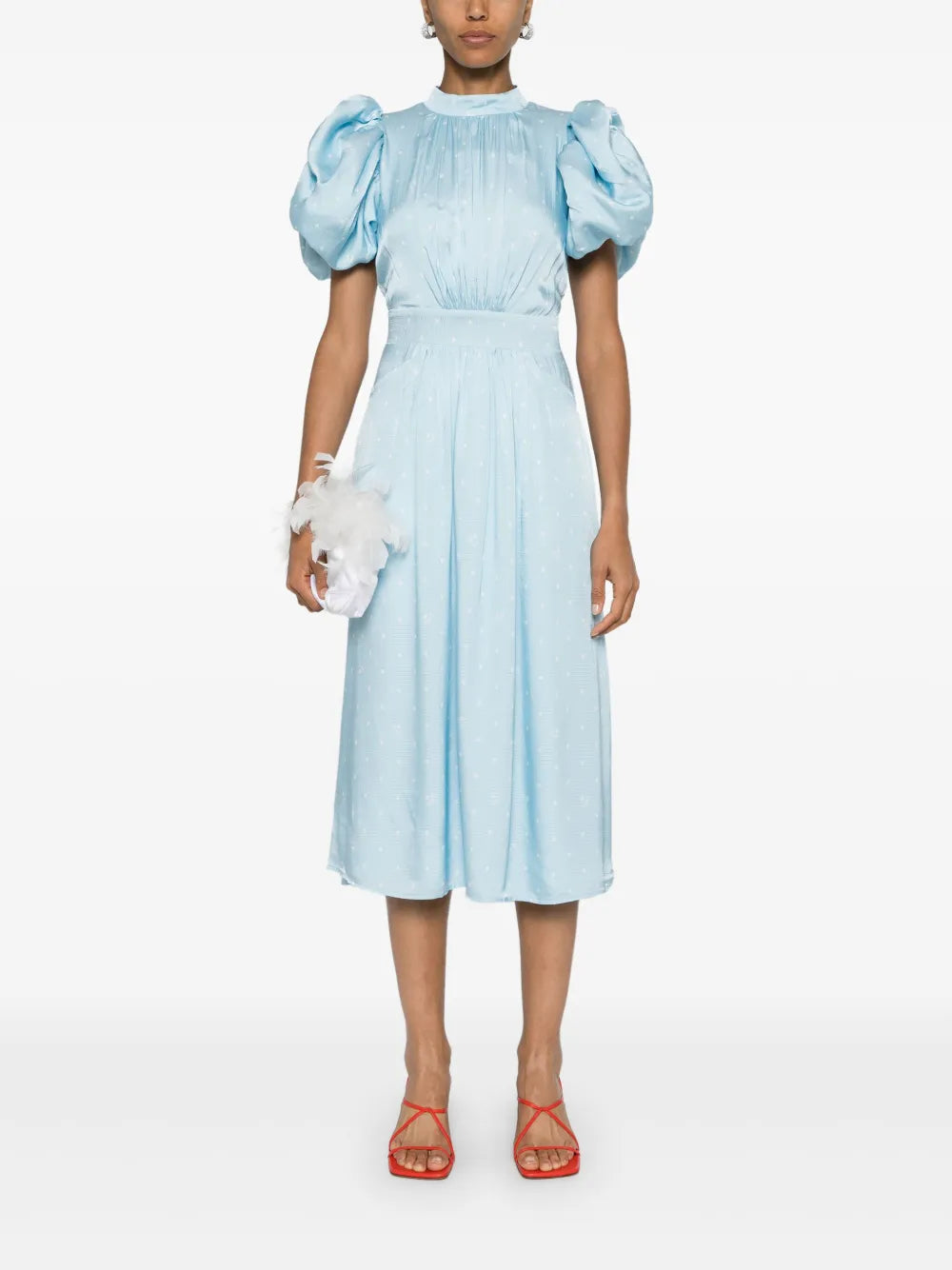 Polka Dot-Print Puff-Sleeve Midi Dress