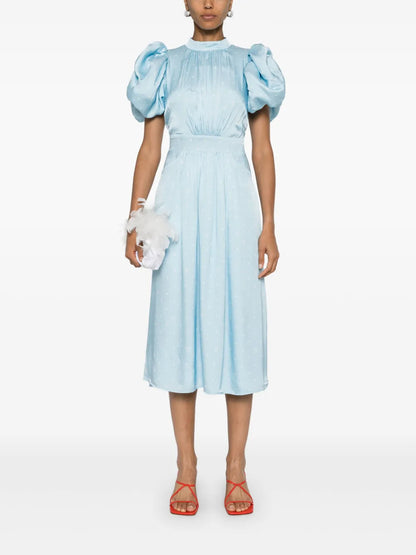 Polka Dot-Print Puff-Sleeve Midi Dress