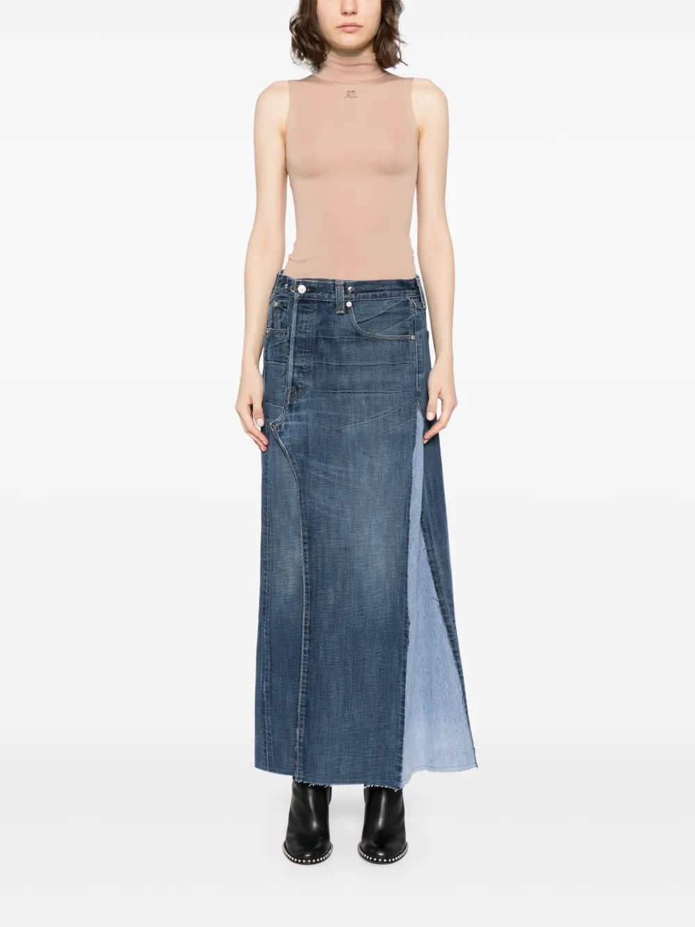Washed Denim Midi Skirt