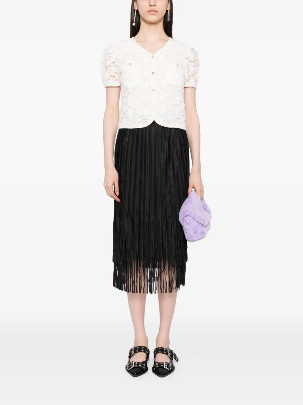 Fringed Pleated Midi Skirt