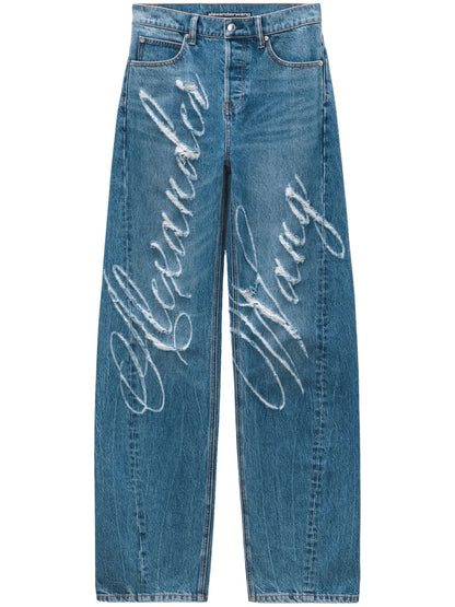 Logo-Frayed Wide-Leg Jeans