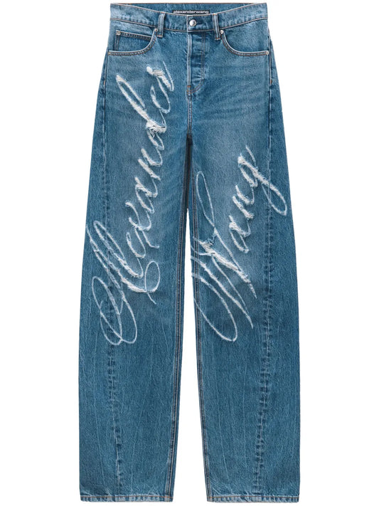 Logo-Frayed Wide-Leg Jeans